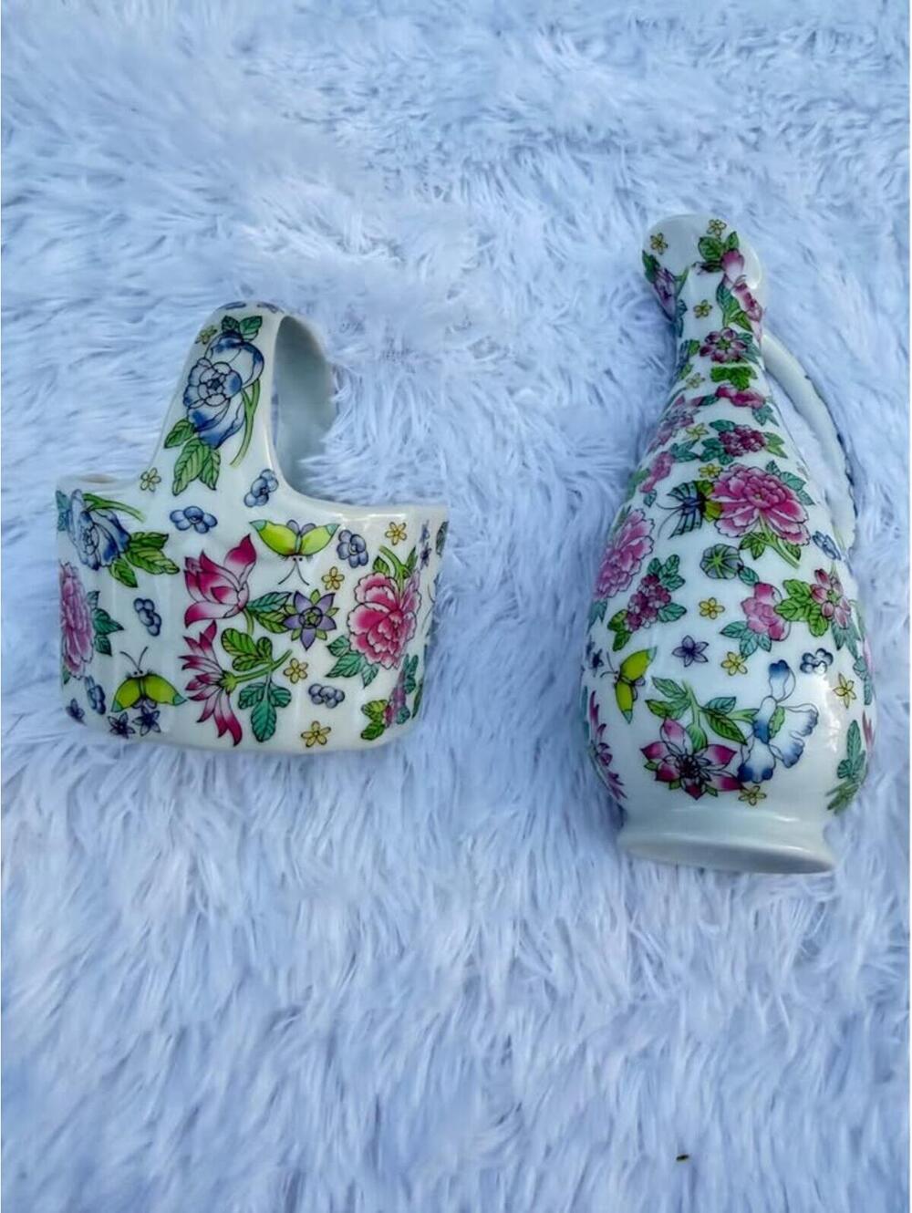 Cute vintage floral ceramic vase & basket set Made in Japan